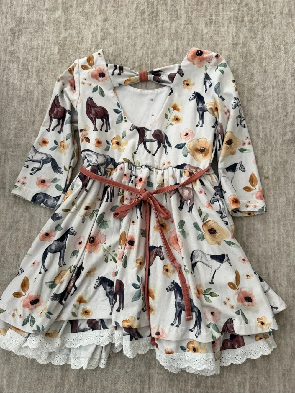 cheeky plum White Floral & Horse Print Long-Sleeve Dress